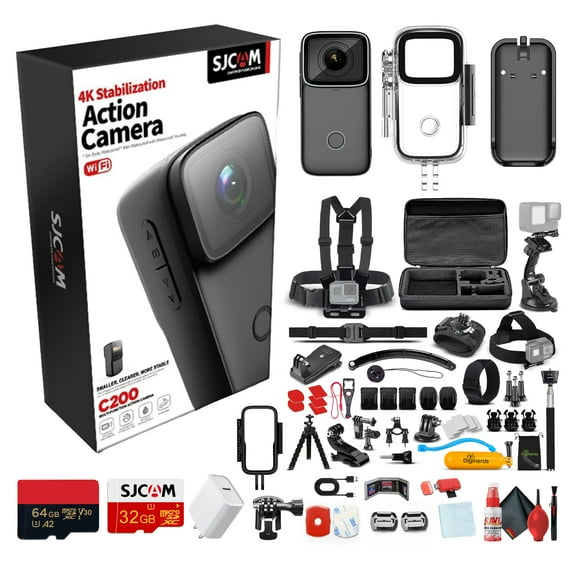 SJCAM C200 4K Mini Action Camera | Compact Waterproof Sports Cam with Image Stabilization & Wearable Vlogging Design (C200B) + 50-in-1 Action Accessory Kit + 64GB Card + USB-C Adapter + More