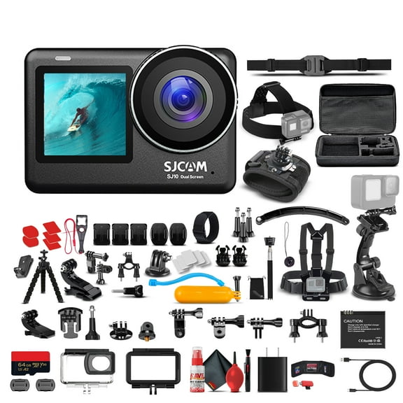 SJCAM SJ10 Pro Dual Screen Action Camera with 6-Axis Stabilization, Dual Displays, and Audio Recording, Bundle Including: 64GB Micro SD Card, 50-in-1 Action Kit, Card Reader, Card Wallet, More