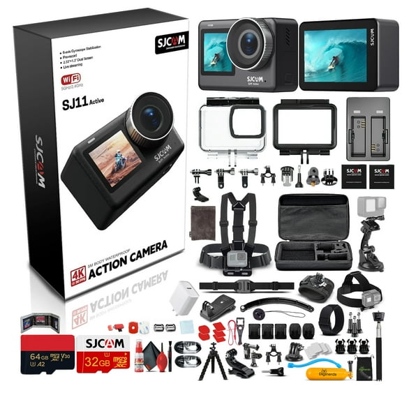 SJCAM SJ11 Active 4K Dual Touchscreen Action Camera | Waterproof Cam with Front & Rear Display | Vlog-Ready for Adventure, Biking, Diving(SJ11) + 50-in-1 Action Accessory Kit + 64GB Card + More