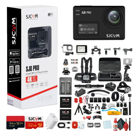SJCAM SJ8 Pro 4K UHD Action Camera | Touchscreen Gyro Stabilization Cam with Dual Screens Waterproof Case External Mic Support | Ultra HD Vlogging Camera (SJ8PRO) + 50-in-1 Accessory Kit + More