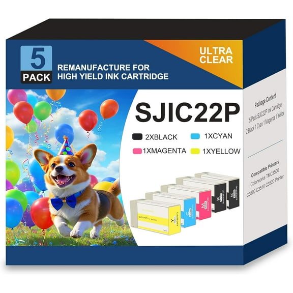 SJIC22P Ink Cartridge Replacment for Epson TM-C3500 Ink Colorworks TM-C3500 TMC3500 C3500 C3510 C3520 Printer Ink (5-Pack,2Black Cyan Magenta Yellow)