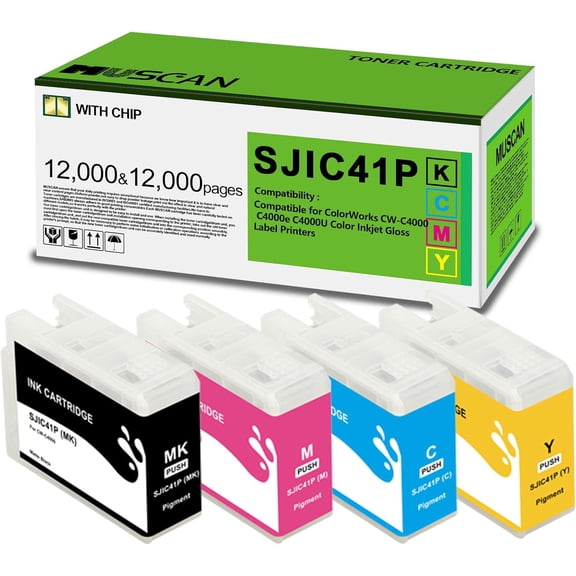 SJIC41P Ink Cartridge (with New Chip) Compatible with ColorWorks CW-C4000 C4000u C4000e Color Inkjet Label Printer (4-Pack, Matte Black,Cyan,Magenta,Yellow)