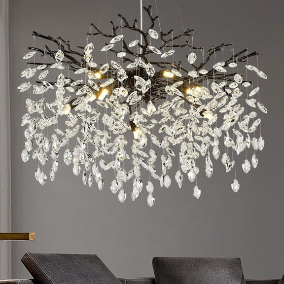 SJIGUANGZ Black Crystal 31.5" Modern Round Raindrop Industrial Tree Branch Chandelier - Farmhouse Chandelier for Dining, Living, Bedroom, Entryway