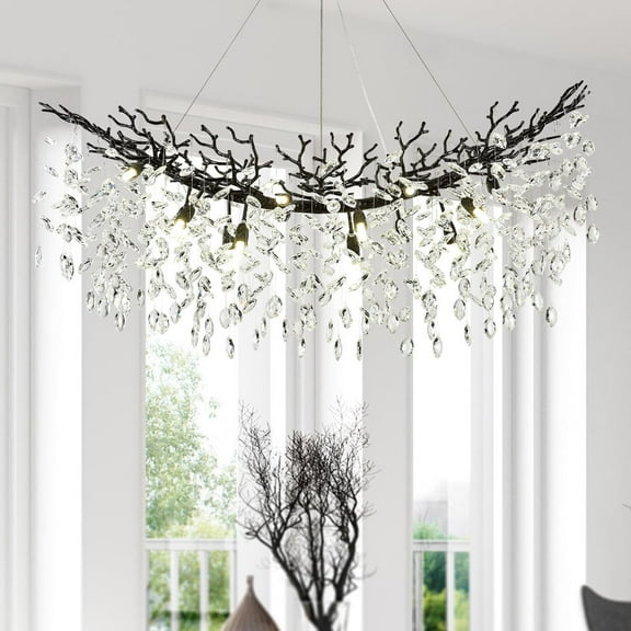 SJIGUANGZ Black Crystal Chandeliers,47.2" Modern Tree Branch Chandelier Industrial Raindrop Chandelier Farmhouse Rectangle Chandeliers for Dining Room, Living Room, Bedroom, Foyer, Entryway