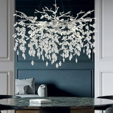 SJIGUANGZ Crystal Chandelier, 23.6" Modern Silver Chandelier Round Farmhouse Tree Branch Light for Dining Room, Living Room, Kitchen Island, Bedroom, Entryway