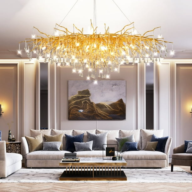 SJIGUANGZ Large Crystal Pendant Chandelier, Gold Tree Branch Light