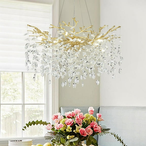 SJIGUANGZ Modern Crystal Chandelier, 31.5" Gold Round Industrial Tree Branch Adjustable Chandelier for Dining Room, Living Room, Bedroom, Entryway