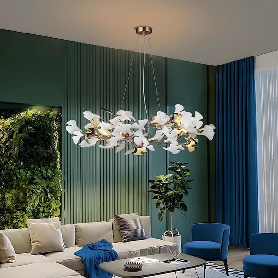 SJIGUANGZ Modern Gold Chandelier,Contemporary White Chandeliers with Ceramic Ginkgo Leaf,Brass Pendant Light Fixtures Ceiling Hanging Lamp Light