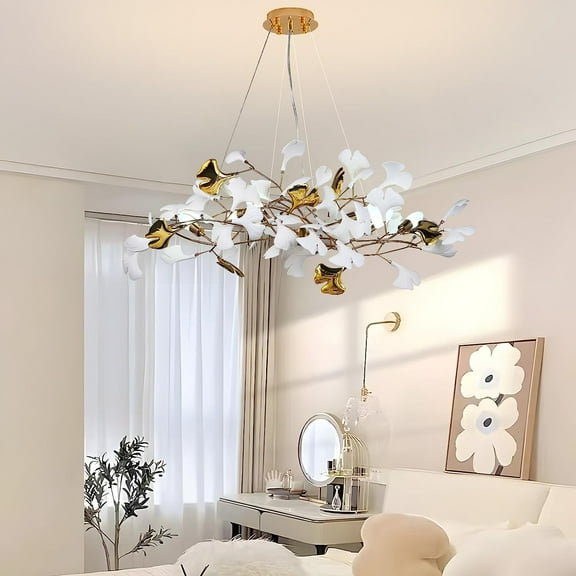 SJIGUANGZ Modern White Chandelier,Contemporary Gold Chandeliers with Ceramic Ginkgo Leaves,Pure Brass Pendant Light Fixtures Hanging Lamp for Living Room Kitchen Foyer High Ceiling Bedroom 5 Light