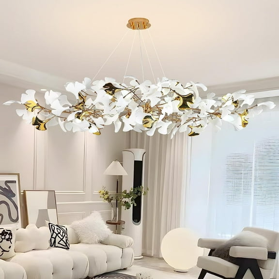 SJIGUANGZ Modern White Chandelier,Contemporary Large Gold Chandeliers with Ceramic Ginkgo Leaves,Brass Pendant Light Fixtures Ceiling Hanging Lamp for Living Room Kitchen Dining Room Bedroom 10 Light