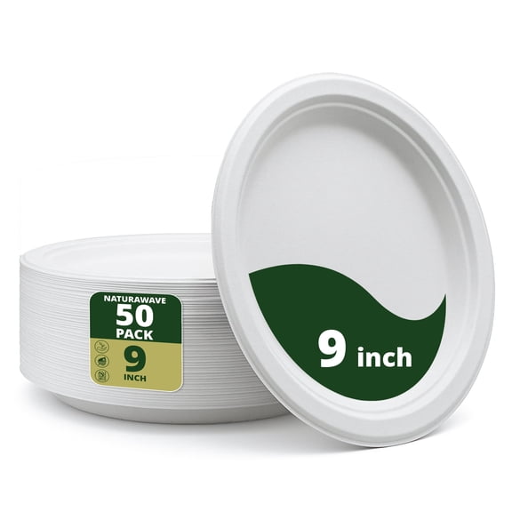 100% Compostable Paper Plates, Heavy Duty Disposable Plates [50-Pack] 9 Inch Plates - Eco-Friendly, Biodegradable Sugarcane Bagasse, White 9" Dinner Paper Plate -BPI Certified & ASTM compliant