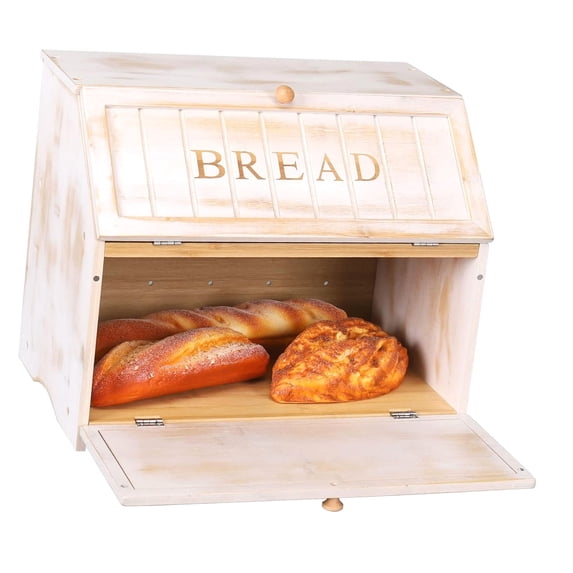 SJJ Double Layer Large Bread Box for Kitchen, Retro Design Wooden Large ...