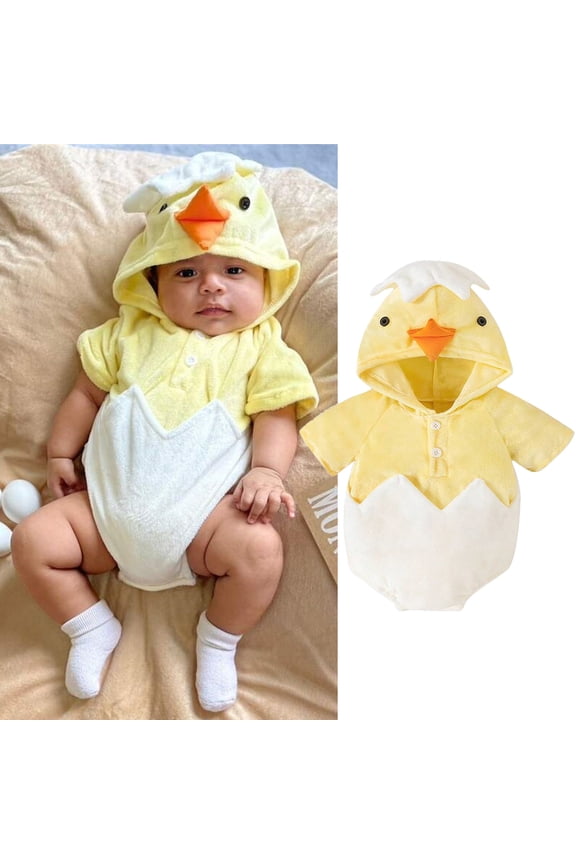 Baby Boys Jumpsuit Newborn Adorable Easter Hatching Chicken Chick Hooded Bodysuit for Girls And Carnival Birthday Clothing Yellow 3-6 Months
