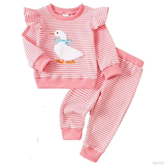 SJLDQY Baby Girls Outfits Sets Cartoon Goose Embroidered Long Sleeve Sweatshirt Pants 2Pcs Clothes Sets Casual Dailywear For Infant Toddler