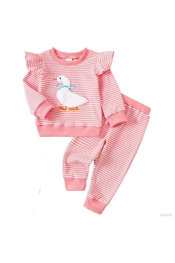 Baby Girls Outfits Sets Cartoon Goose Embroidered Long Sleeve Sweatshirt Pants 2Pcs Clothes Sets Casual Dailywear For Infant Toddler