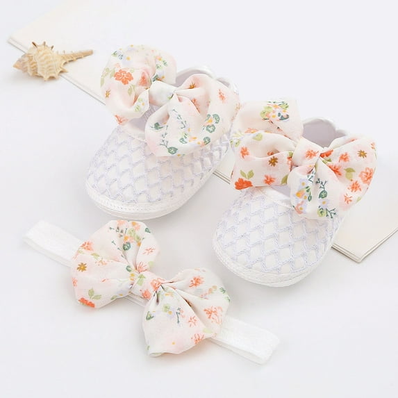 SJLDQY Baby Shoes 0 To 1 Year Old Hair Band Set Cute Bow Princess 3 5 7 9 Months Soft Soled Walking Sneaker
