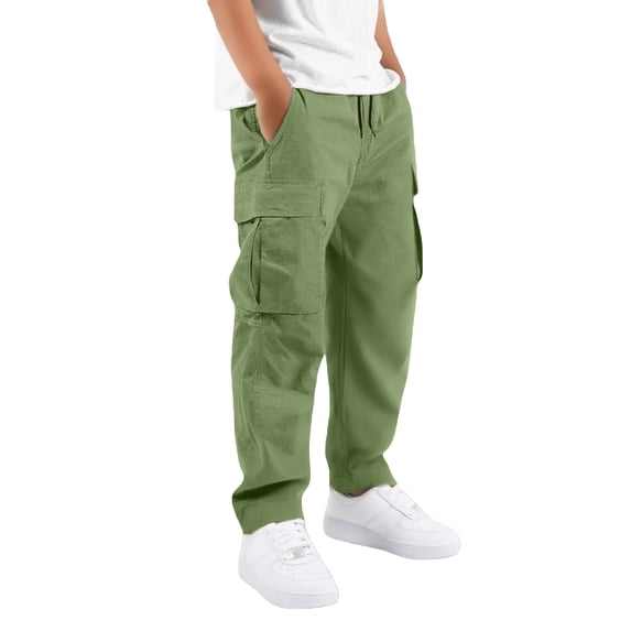 SJLDQY Boys' Cargo Pants Elastic Waist Drawstring Wide leg Pants Solid Color Casual Loose Trousers with Pockets