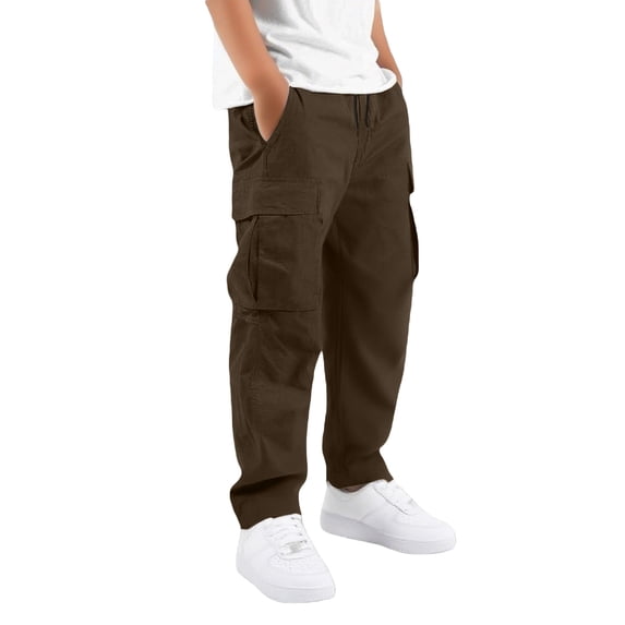 SJLDQY Boys' Cargo Pants Elastic Waist Drawstring Wide leg Pants Solid Color Casual Loose Trousers with Pockets