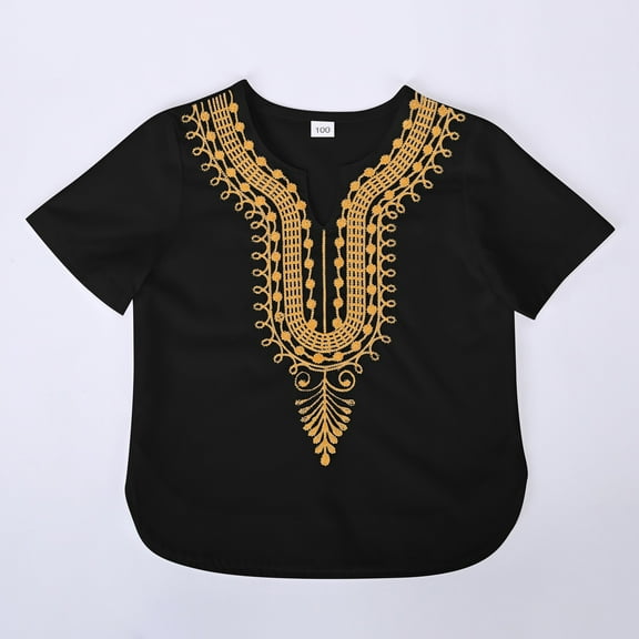 SJLDQY Boys Shirts Kids African Classic Childrens Dashiki Casual Loose Outfits Girls T Shirt Black 1-2 Years