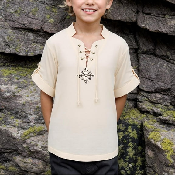 SJLDQY Boys T Shirts Kids Solid Lace Up Summer Vintage Short Sleeve Clothes T Shirt White 6-8 Years