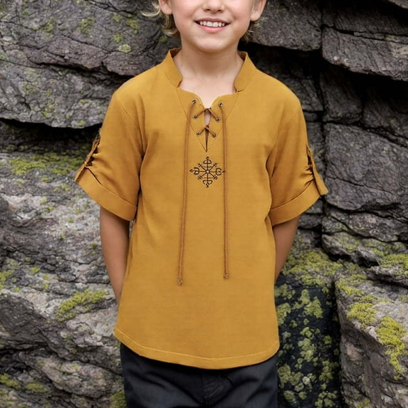 SJLDQY Boys T Shirts Kids Solid Lace Up Summer Vintage Short Sleeve Clothes T Shirt Yellow 8-10 Years