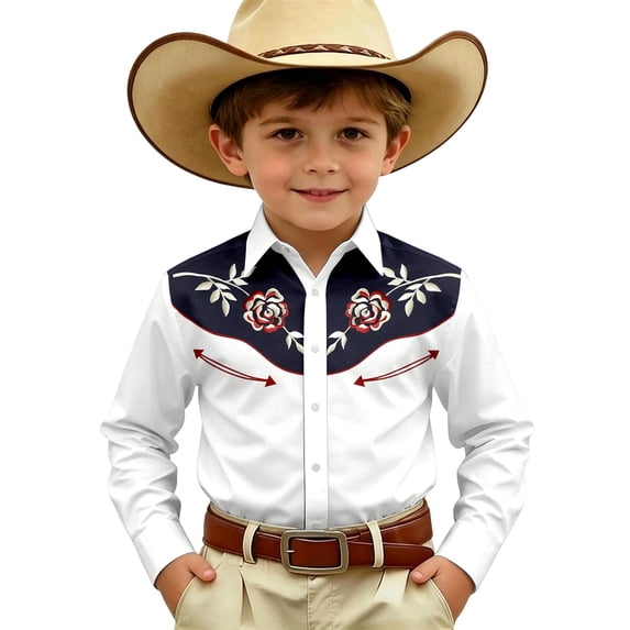 SJLDQY Boys' Western Cowboy Shirt Long Sleeve Button Down Shirts Vintage Embroidery Casual Tops for Boys Size 4-13Y