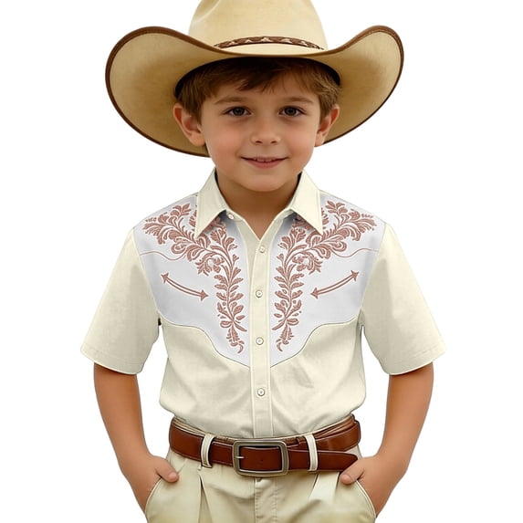 SJLDQY Boys Western Cowboy Shirt Short Sleeve Button Down Shirts Retro Embroidery Casual Tops for Boys
