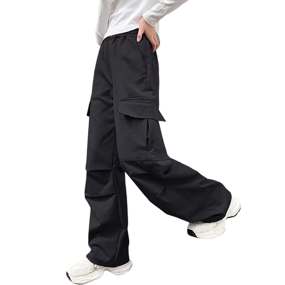 SJLDQY Cargo Pants for Girls Elastic Waist Casual Baggy Pants Solid Color Straight Leg Trousers with Pockets