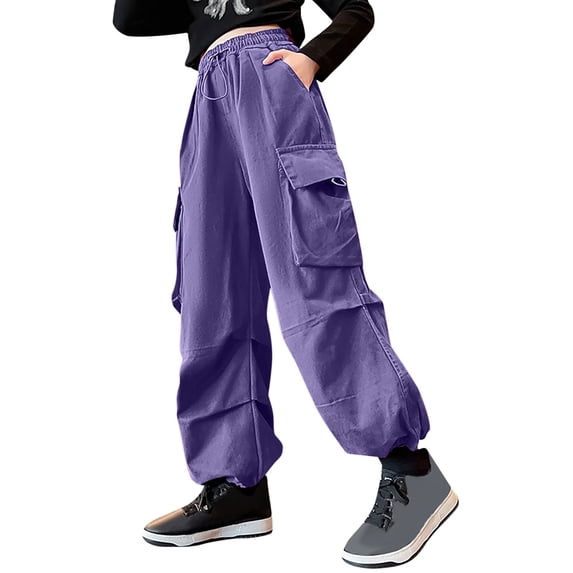 SJLDQY Cargo Sweatpants for Girls Casual Elastic Waist Drawstring Joggers for Girls Streetwear Comfy Solid Color Athletic Trousers with Pockets