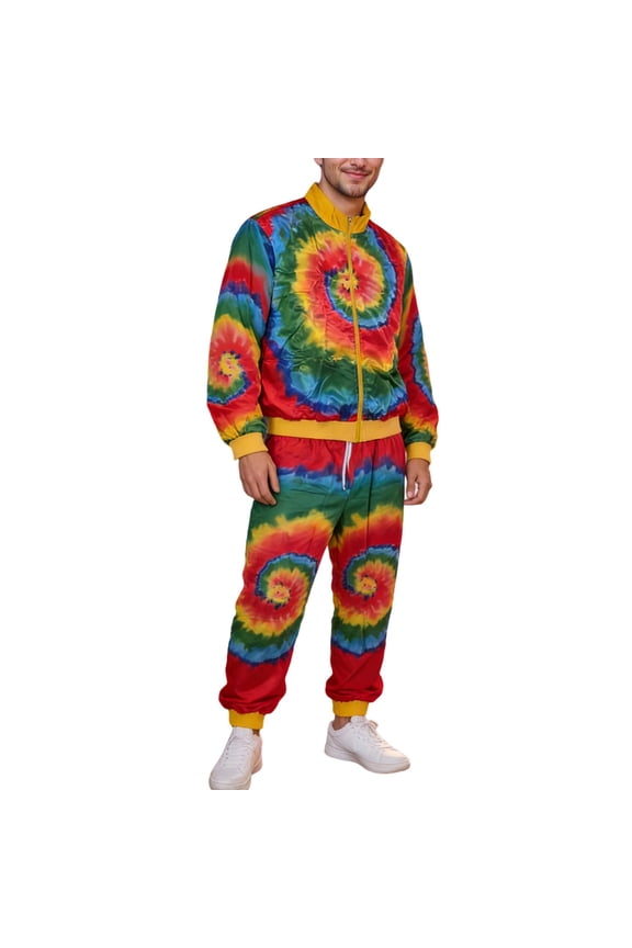 Carnival Mens 80S Disco Tracksuit Hippie Dance Performance Outfits for Men Floral Graphic Zip Jacket Pants Funny Athletic Sweat Suit Outfits