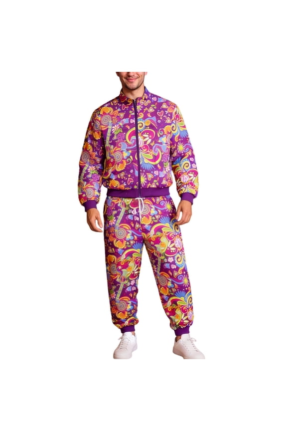 Carnival Mens 80S Disco Tracksuit Hippie Dance Performance Outfits for Men Patchwork Color Zip Jacket Pants Funny Athletic Sweat Suit Outfits