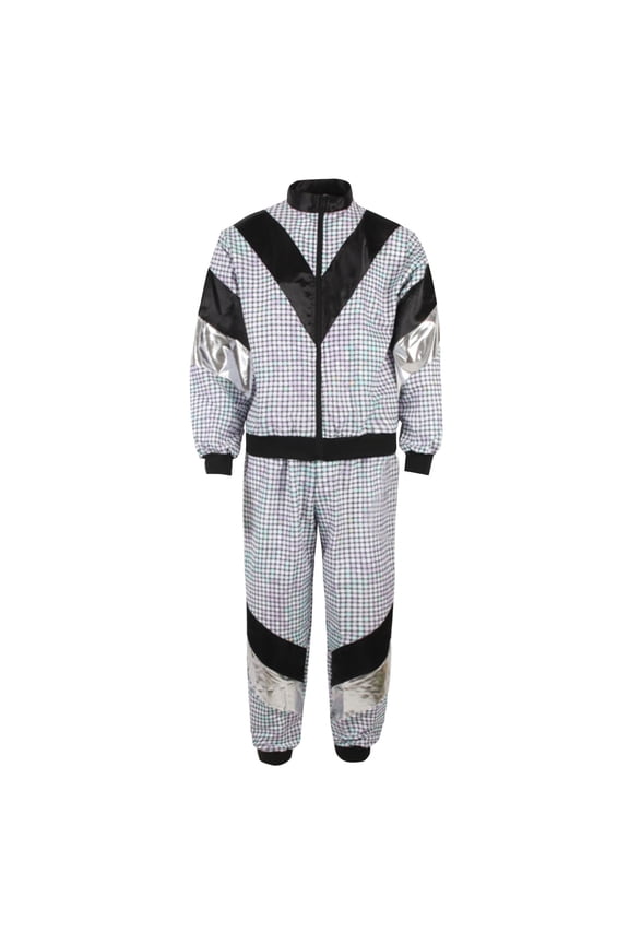 Carnival Mens 80S Disco Tracksuit Hippie Dance Performance Outfits for Men Patchwork Color Zip Jacket Pants Funny Athletic Sweat Suit Outfits