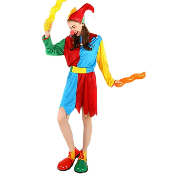 SJLDQY Carnival Womens Clown Dress Up Colorful Dress Waistband With Hat Outfits Party Stage Performance Clothes Set