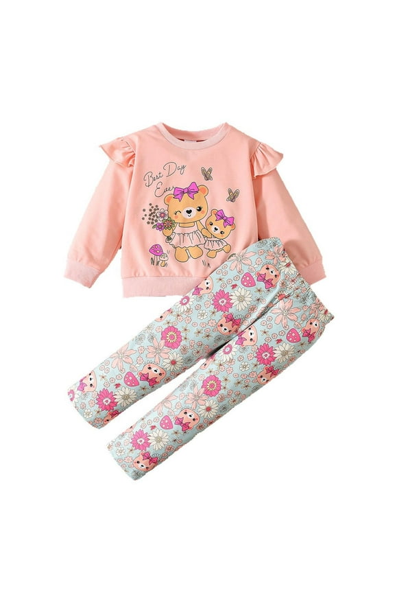 Cartoon Girls 2 Piece Clothes Set Winter Bear Print Top With Floral Pants Toddler Casual Dailywear Soft Comfortable Outfit For Daily Wear
