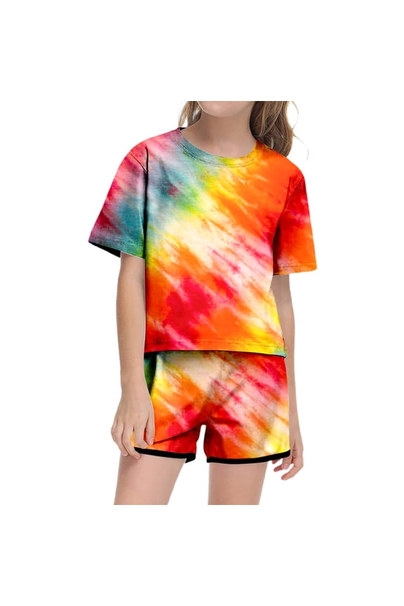 Child Girl Outfits Summer Print Short Sleeve Top And Shorts Cute Crewneck Pocket Casual for And Juniors Lightweight And Comfortable Sets Red 13-14 Years