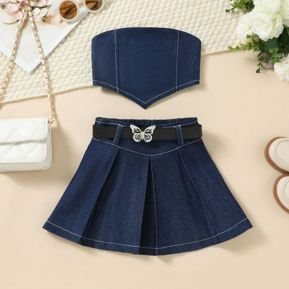 SJLDQY Child Girls Outfits Sleeveless Vest T Shirt Tops Denim Skirts Clothing Set Blue 2-3 Years