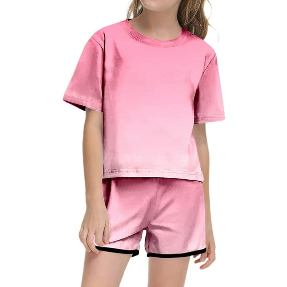 SJLDQY Child Girls Outfits Summer Print Short Sleeve Top And Shorts Cute Crewneck Pocket Casual for Teens And Juniors Lightweight And Comfortable Clothing Set Pink 8-9 Years