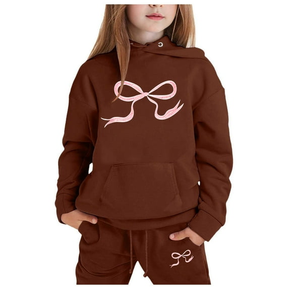 SJLDQY Child Kids Hoodie Outfits With Bow Print Casual Long Sleeve Hooded Top Long Straight Pants Clothing Set for Girls Coffee 2-3 Years