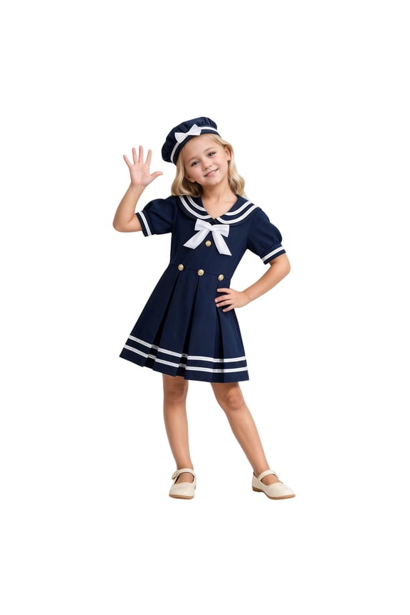 Childrens Girls Sailor Dress Up Fashion Pleated Dress With Hat Outfits Party Stage Performance Trousers