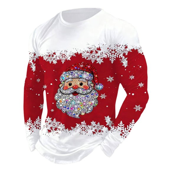 SJLDQY Christmas Mens T-Shirts Santa Claus Snowflake Graphic Tees Xmas Long Sleeve Crew Neck T Shirts for Man Fall Winter Casual Tops