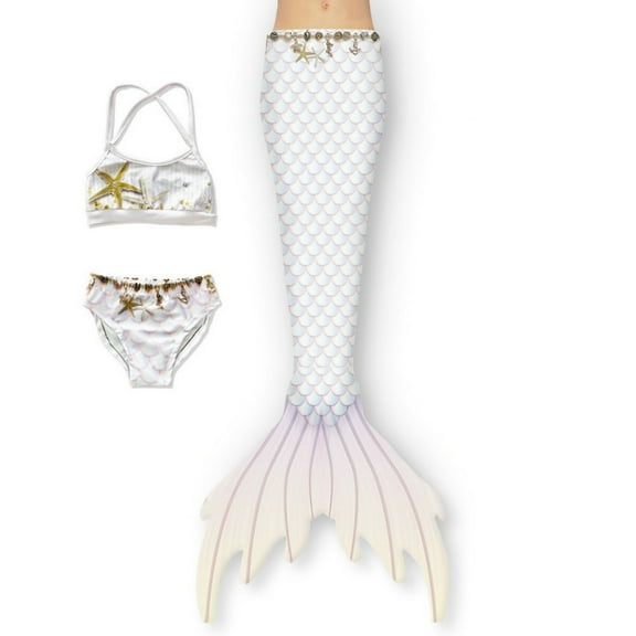 SJLDQY Girl Swimsuit Child Kids Strap Scale Print Fish Tail Set Performance Fashion Casual 2 Piece Swim Suit White 8-9 Years