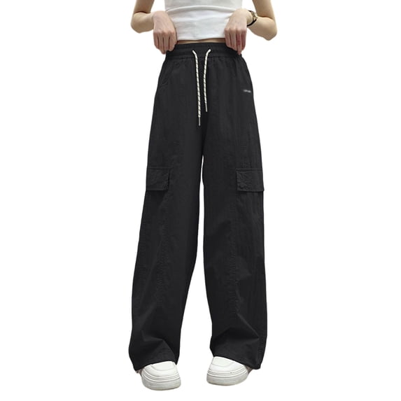 SJLDQY Girl's Cargo Pants Casual Elastic Waist Drawstring Baggy Pants for Girls Solid Color Straight Leg Trousers with Pockets