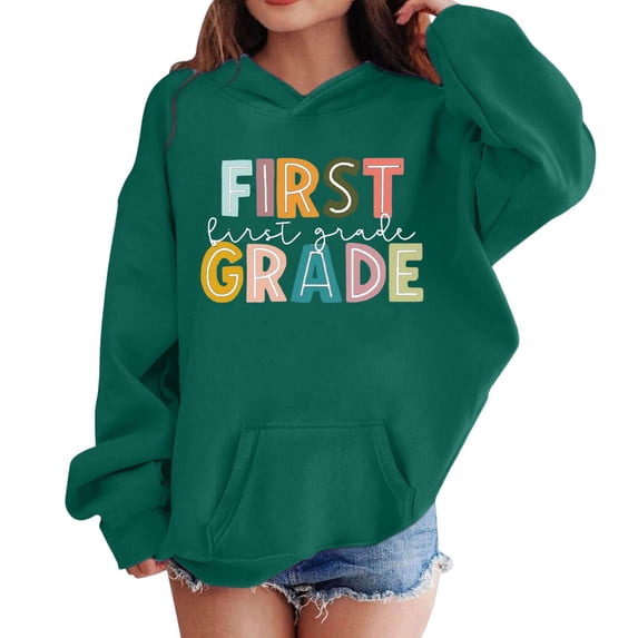 SJLDQY Girl's Hoodies Casual Hooded Sweatshirt Long Sleeve Letter Graphic Pullover Tops Size 8-9 Years