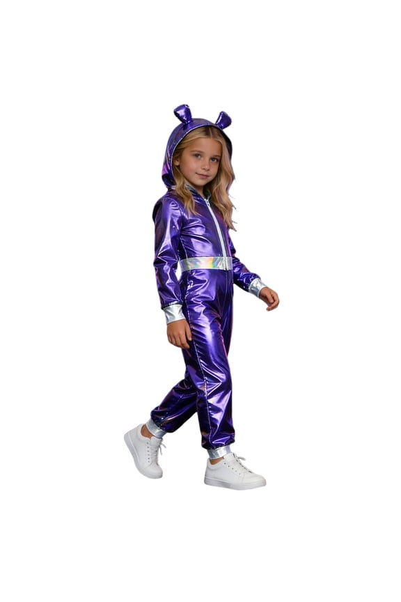 Girls Alien Dress Up Fashion Metallic Romper Jumpsuit With Headwear Outfits Funny Stage Performance Clothes Set