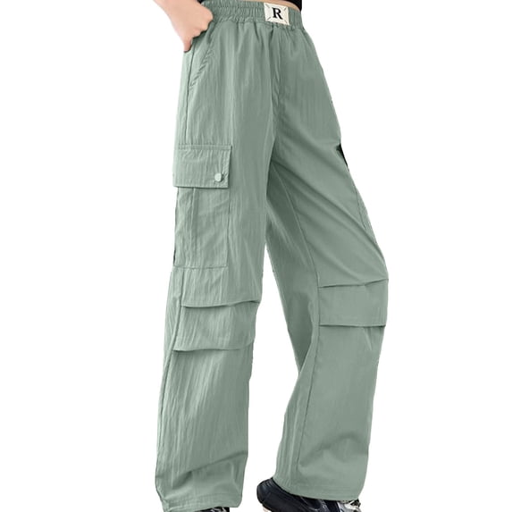 SJLDQY Girls Baggy Cargo Pants Casual High Elastic Waist Trousers for Girls Solid Color Straight Leg Pants with Pockets