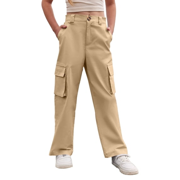 SJLDQY Girls Cargo Pants Elastic Waist Casual Baggy Pants for Girls Solid Color Wide Leg Trousers with Pockets