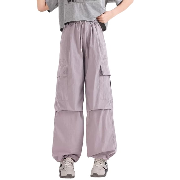 SJLDQY Girls Cargo Pants Straight Fit Baggy Pants for Girls Casual Elastic Drawstring Waist Trousers with Pockets