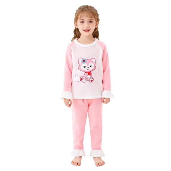 SJLDQY Girls Flannel Pajama Sets Fuzzy Long Sleeve Cute Graphic Tops Pants 2 Piece Pjs Sets Winter Sleepwear Warm Loungewear Sets for Girls