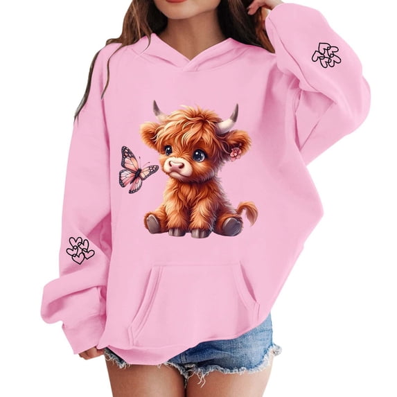 SJLDQY Girls Hoodies Christmas Highland Cow Hooded Sweatshirts for Girls Long Sleeve Hoodie Fall Winter Casual Pullover Tops with Pockets