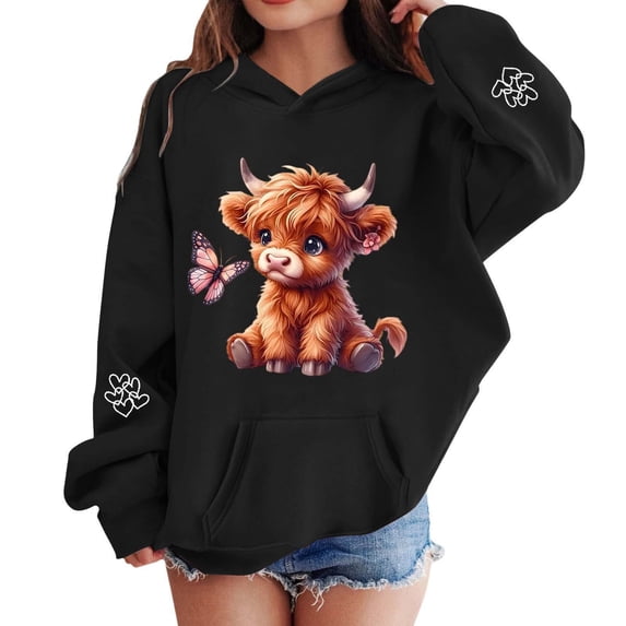 SJLDQY Girls Hoodies Christmas Highland Cow Hooded Sweatshirts for Girls Long Sleeve Hoodie Fall Winter Casual Pullover Tops with Pockets